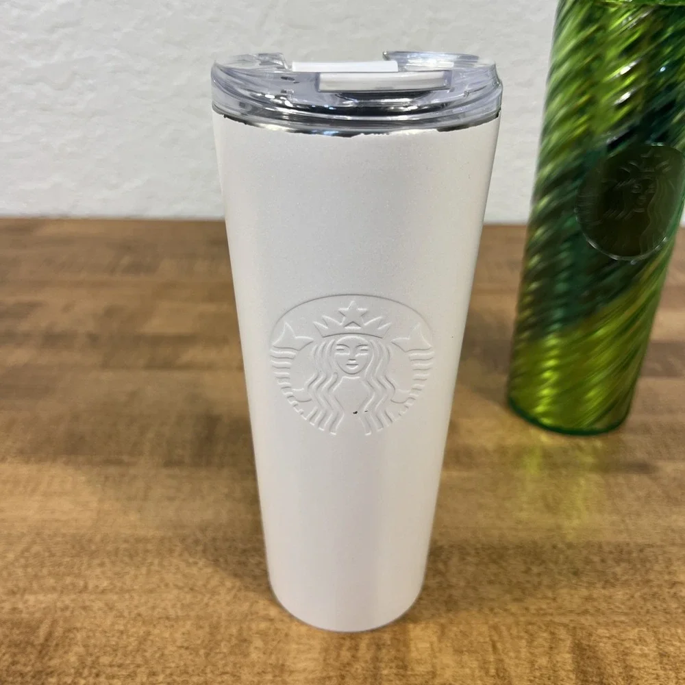Starbucks White Pearl Stainless Steel Vacuum & Holiday Green Swirl Tumbler 16oz‎